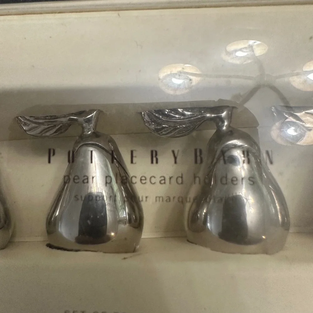 Pottery Barn Silver Tone Pear Shaped Placecard Holders Accent -New 4 pc
